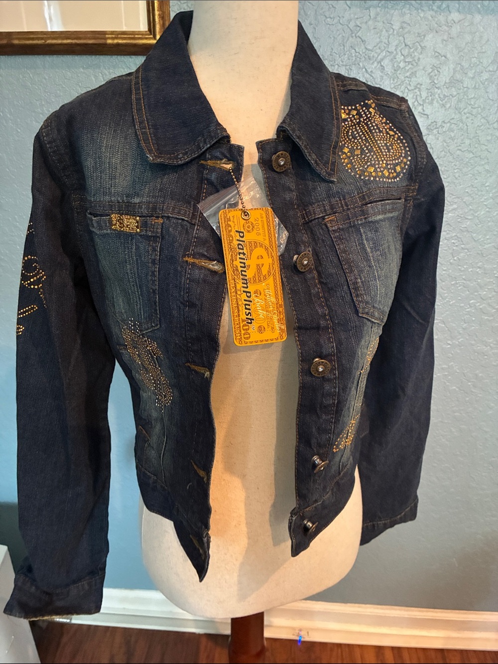 Embellished Dark Blue Denim Jacket with Gold Accents